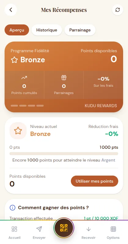 L'application Kudu affichant les niveaux de fidélité et les récompenses de parrainage