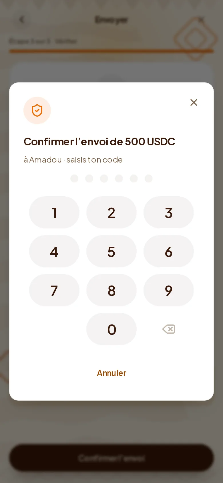 L'écran Envoyer demande votre code sur votre appareil, avec un clavier numérique.