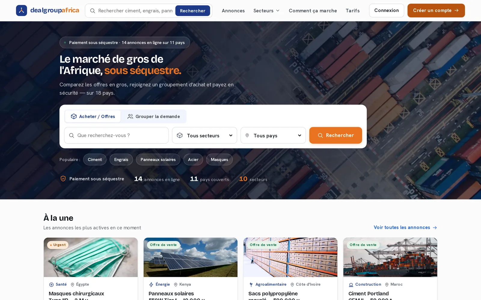 DealGroupAfrica wholesale marketplace homepage — bulk deals across African markets, built on Kudu